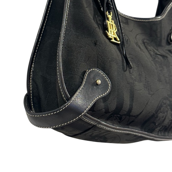 LRL Lauren Ralph Lauren Black Shoulder Bag Signature Logo Canvas Buckles Flawed - Picture 7 of 13